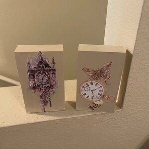 Painted Wood Block Shelf Sitters with Clock/Watch/Floral Detail for Decorating